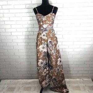 Anthropologie Brown Abstract Floral Jacquard Wide Leg Bow Sweetheart Jumpsuit
